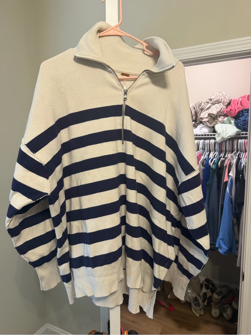 Striped Half-Zip Knit Sweater - Navy and Cream